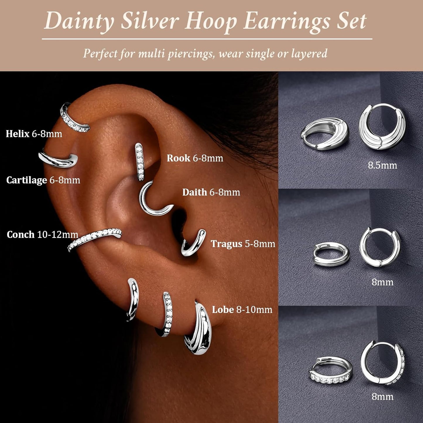 Small Sterling Silver Huggie Hoop Earrings Set for Women, Hypoallergen