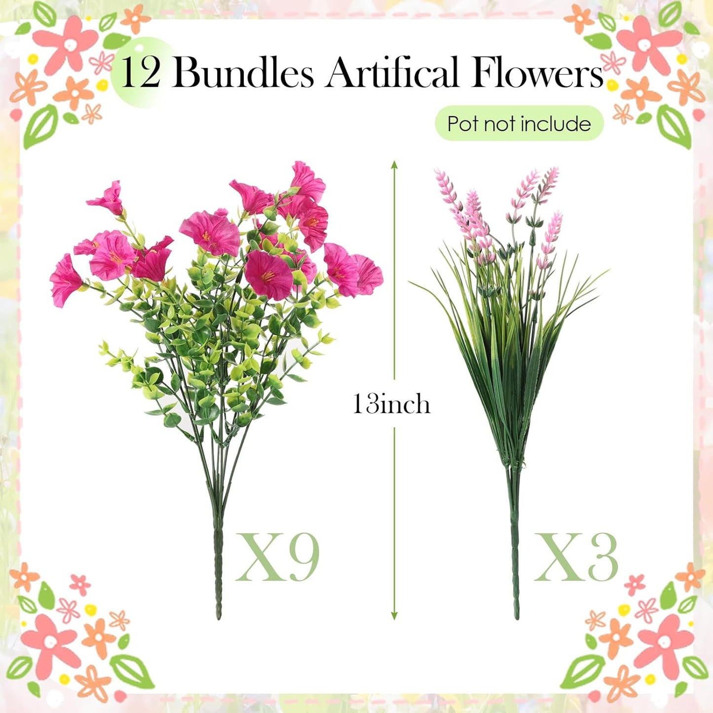 Artificial Fake Plants Flowers for Outdoor ,12 Bundles Faux Morning Glory Lavender UV Resistant Look Real Silk Flowers for Planter Pot Home Front Door Porch Patio Yard Spring Summer Decoration,Pink