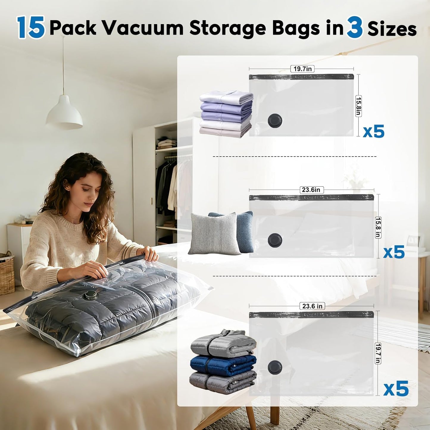 Mapambo Travel Vacuum Bags with -60000Pa LED Electric Pump, 15 Pack Vacuum Seal Bags for Clothing Travel in 3 Combo sizes, Space Saver Vacuum Storage Bags, Saving up to 80% of Space (15 Combo Size)