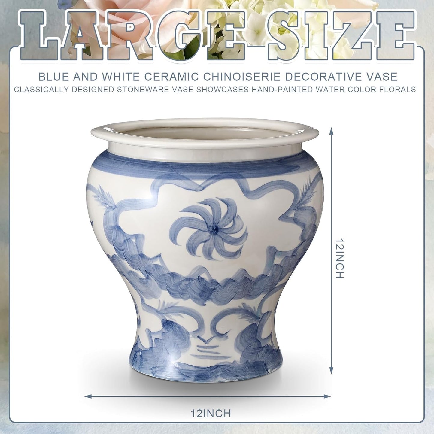 12'' Ceramic Blue and White Planter Large Chinoiserie Vase Plant Pot Indoor Porcelain Flower Pot Urn Scroll Vase with Drainage Hole Chinese Oriental Decorative Gift for Gardening Home