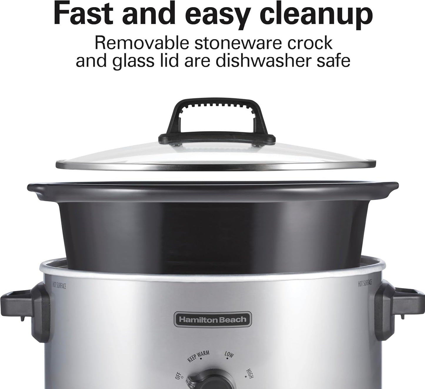 Hamilton Beach 6-Quart Slow Cooker with 3 Cooking Settings, Dishwasher-Safe Stoneware Crock & Glass Lid, Silver (33665G)