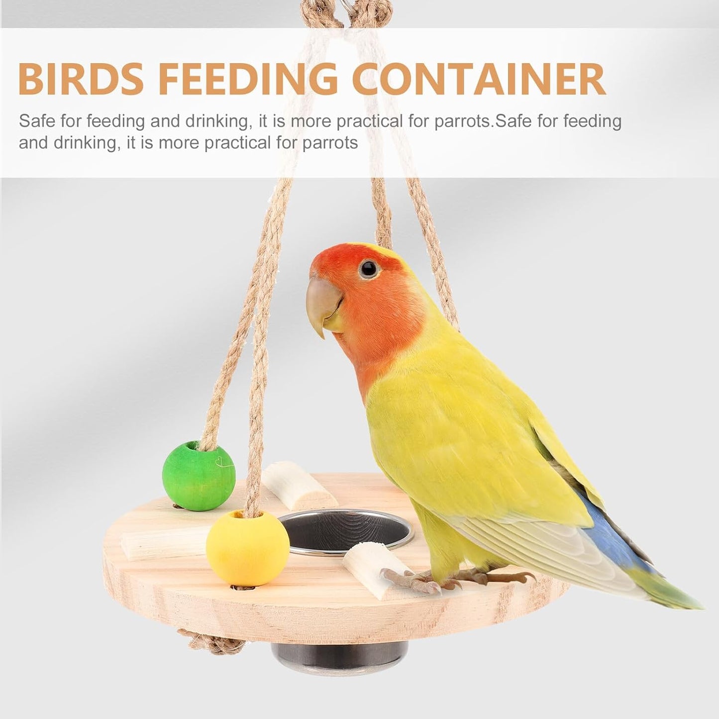 Wooden Hanging Bird Feeder Swing with Feeding Cup for Parrots Outdoor 