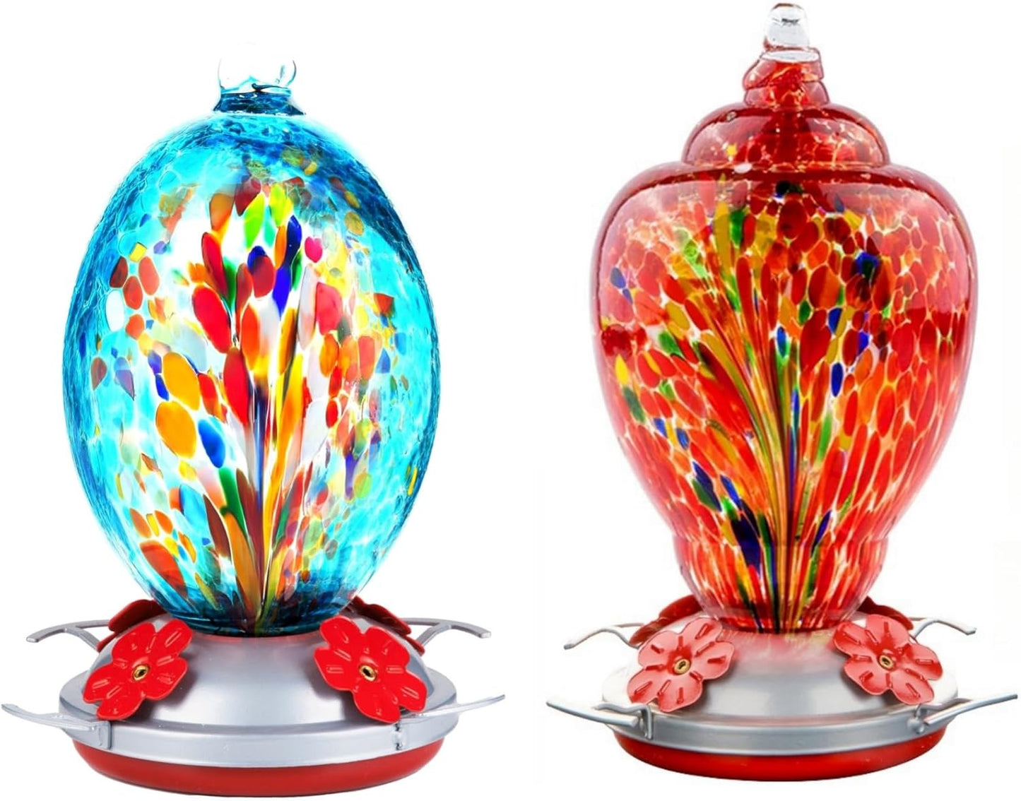 2 Pack Unique Hand Blown Glass Hummingbird Feeders for Outdoors Hanging Patio Garden Decorations Hummingbird Feeder with Ant Moat Hook Brush and Service Card (Blue and Fire)