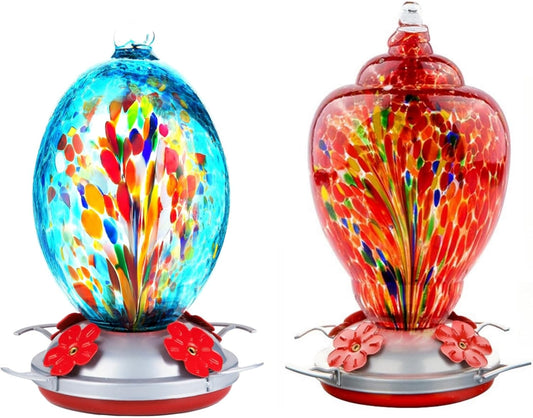 2 Pack Unique Hand Blown Glass Hummingbird Feeders for Outdoors Hanging Patio Garden Decorations Hummingbird Feeder with Ant Moat Hook Brush and Service Card (Blue and Fire)