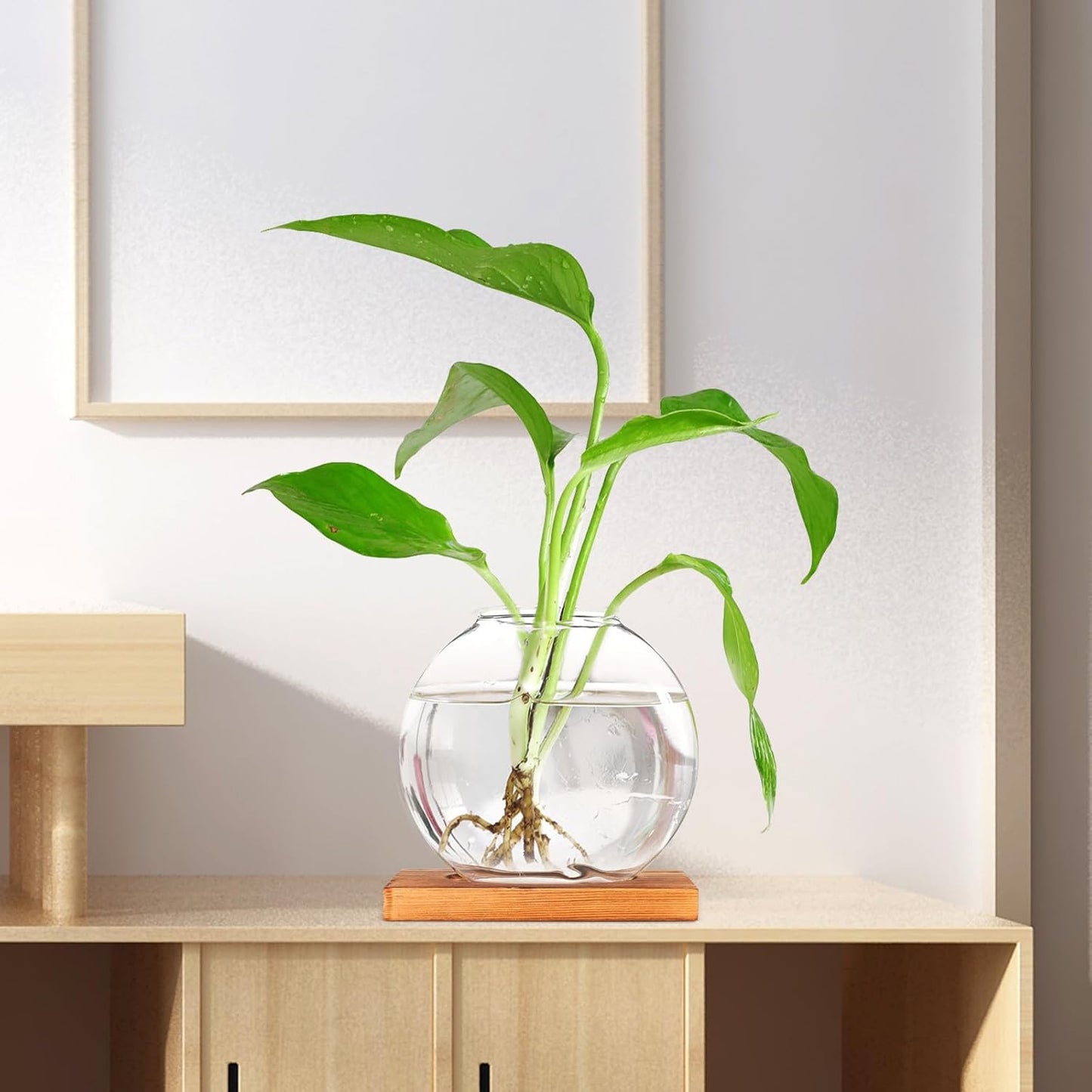 Milisten Wood Base Glass Hydroponic Green Pothos Planter Vase Desktop 