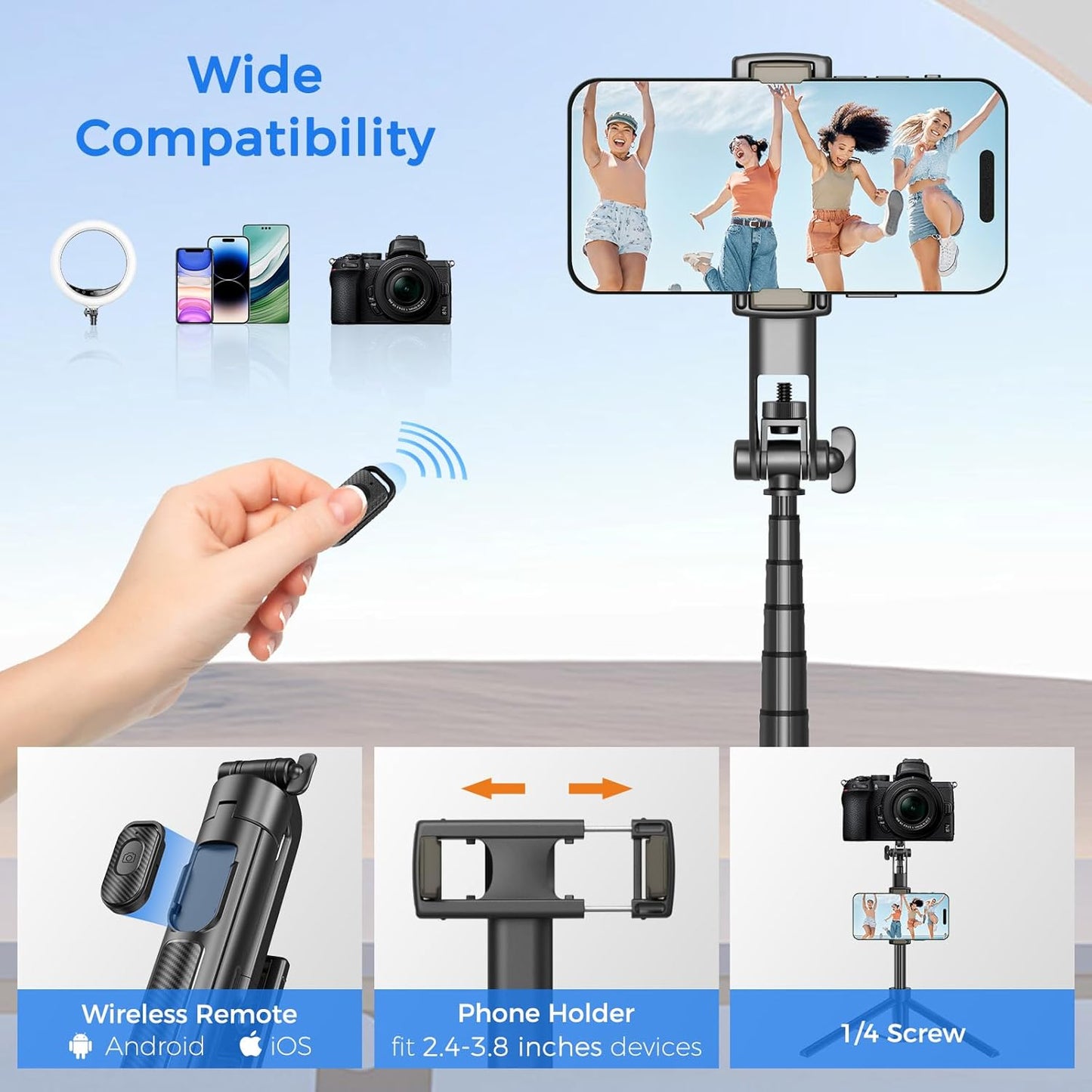 Selfie Stick Travel Tripod for Cell Phone with Remote Control and Phon