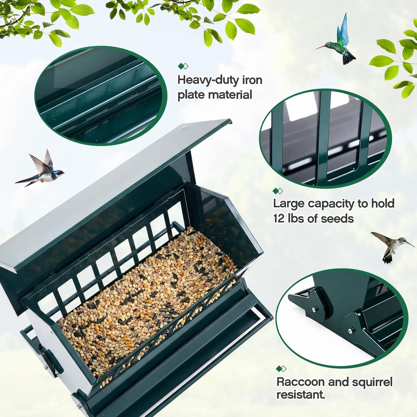 Zonon Squirrel Proof Bird Feeder Metal 12lbs Large Capacity for Cardinals Chickadees Green Bird Feeder on Pole for Outdoors