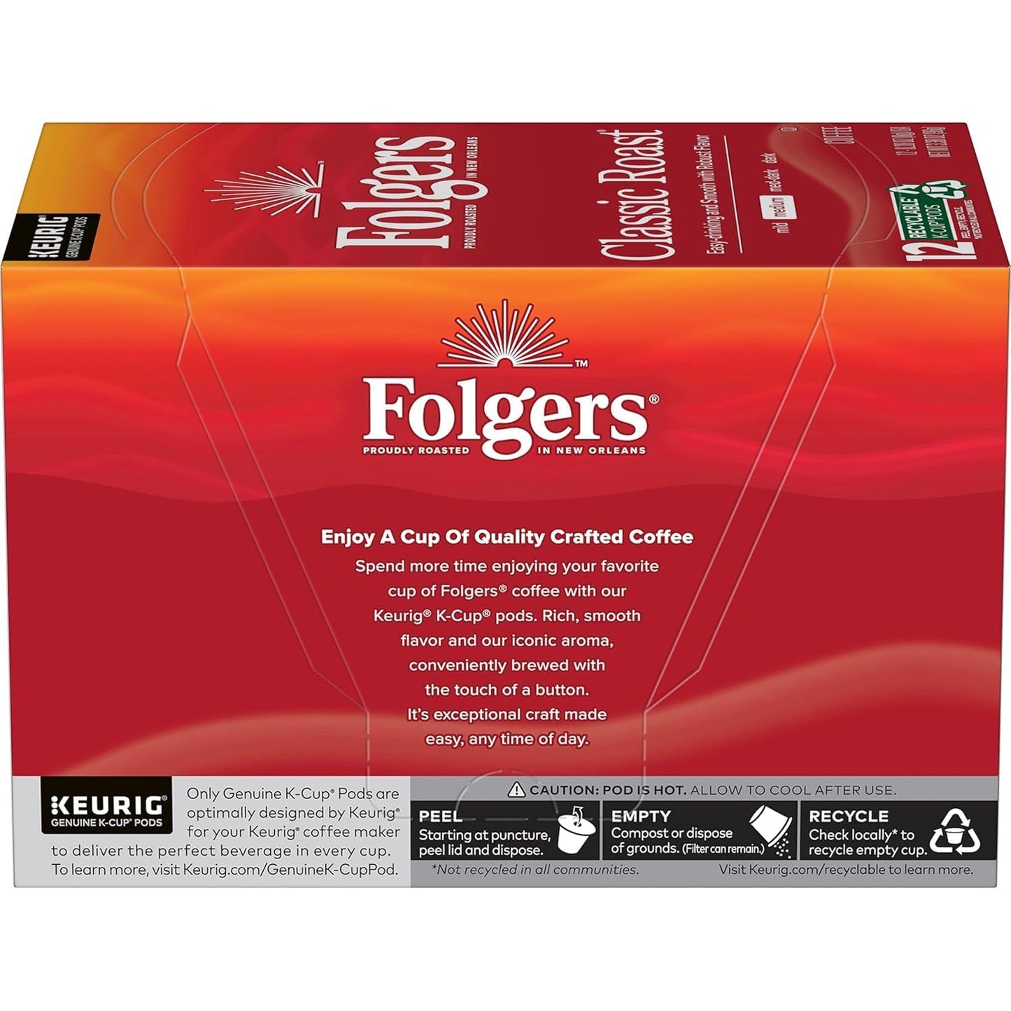 Folgers Classic Roast, Medium Roast Coffee, Keurig K-Cup Pods, 12 Count Boxes (Pack of 6)