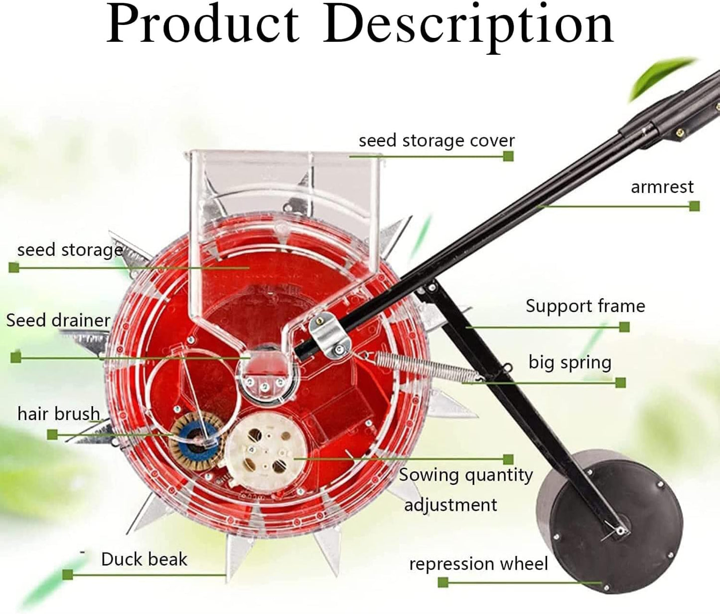 Multi-Function Garden Seeder - Metal Precision Push Seeder with Clear Seed Storage Box for Cotton, Soybean, Peanut - 6 Holes Backyard Planting Tool