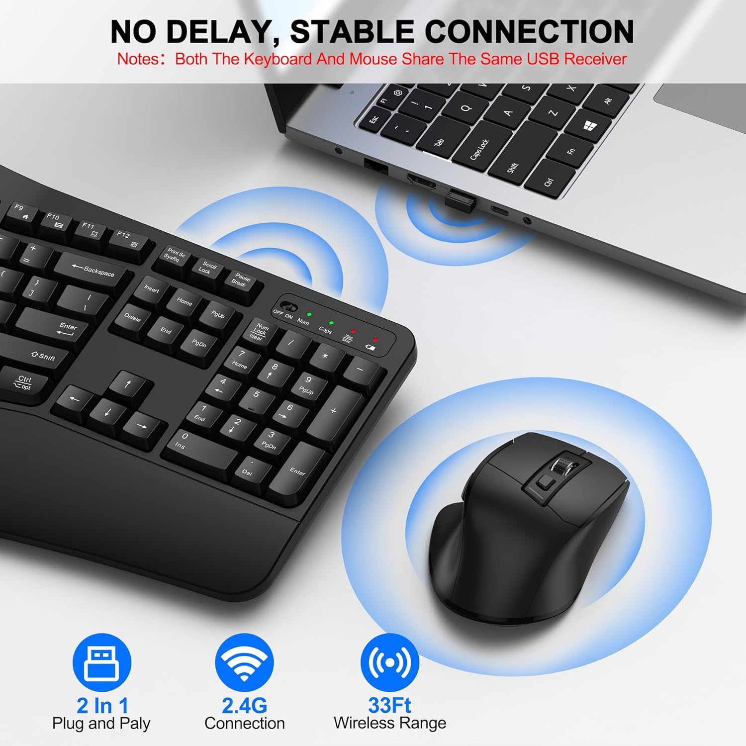 Wireless Keyboard and Mouse Combo, 2.4G Full Size Wave Keys Ergonomic 