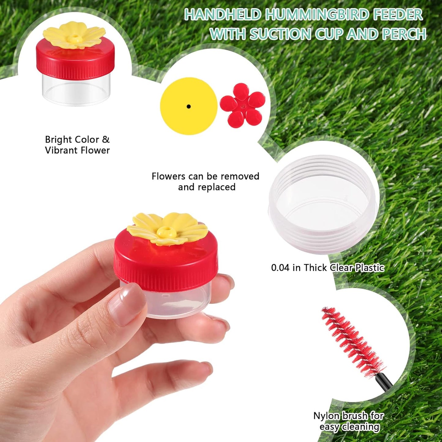 Hand Hummingbird Feeder 4 Pieces Window Flower Hummingbird Feeder Wild Bird Feeders with Cleaning Brush for Outdoor Supplies, Red and Yellow
