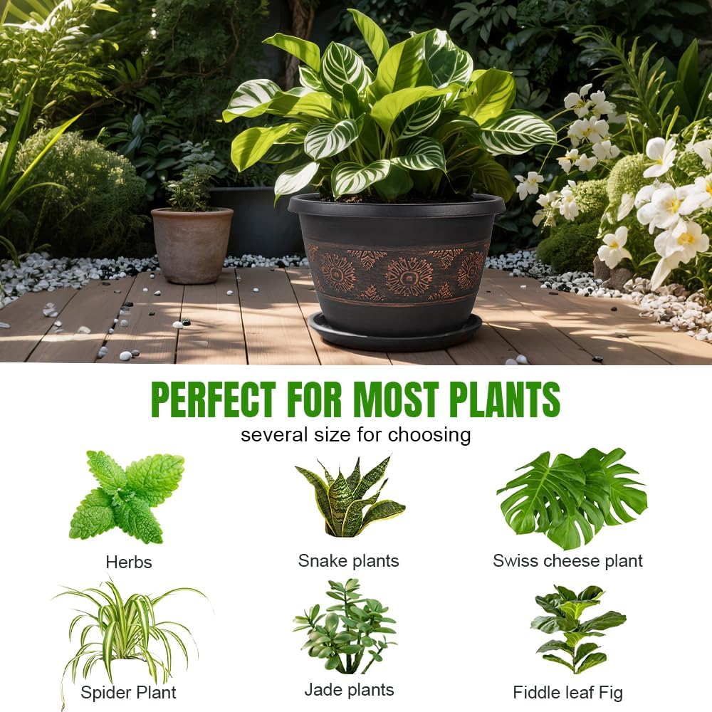 4 Pack 10 inch Plant Pots, Retro Pattern Planters with Drainage Holes 