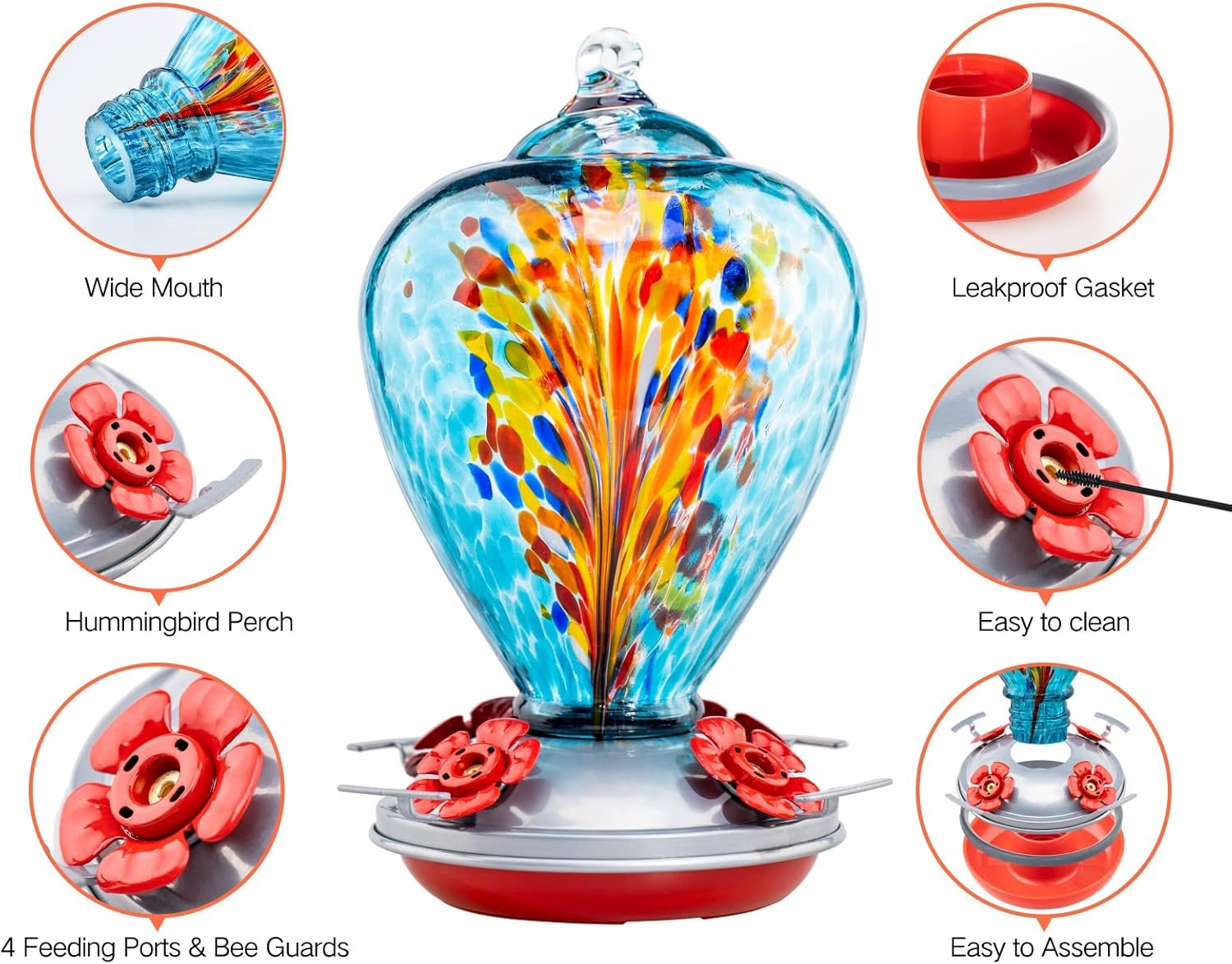 Muse Garden Hummingbird Feeders for Outdoors Hanging, Blown Glass Humm