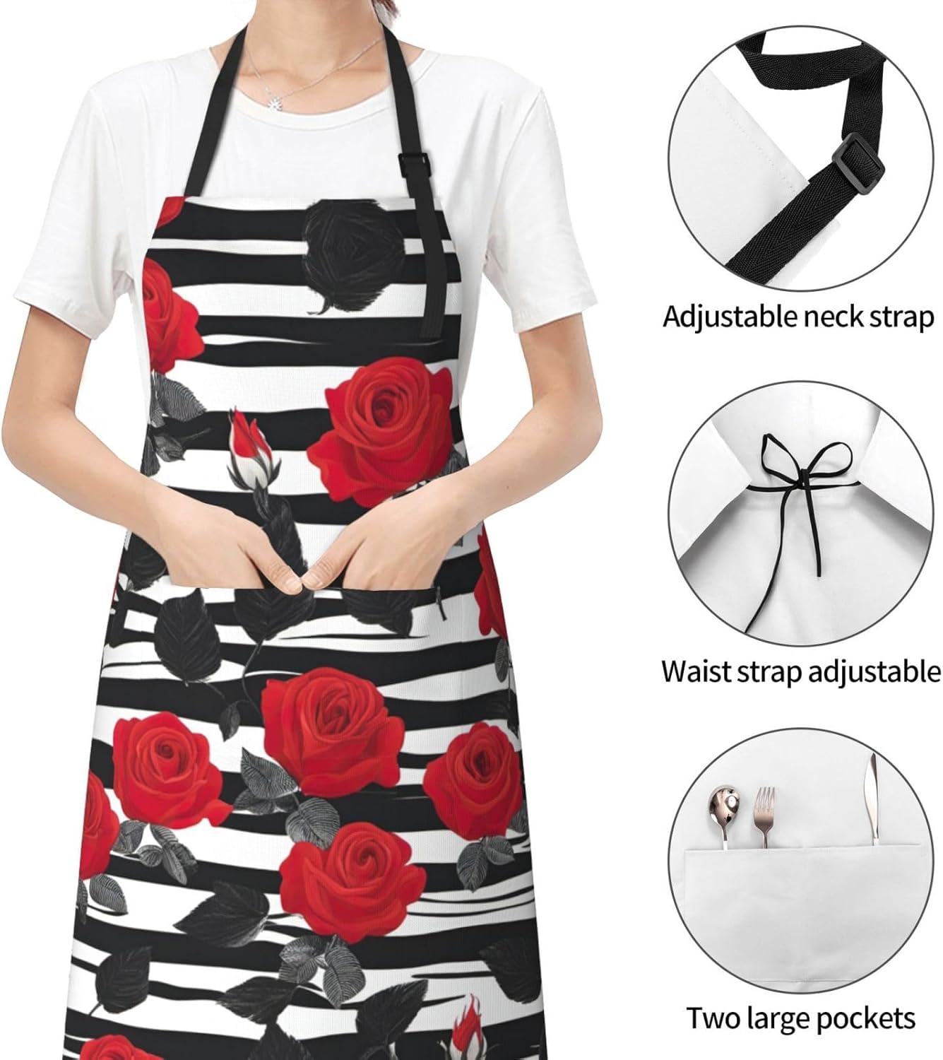 Black White Stripes Red Rose Flowers print Waterproof chef's apron wit