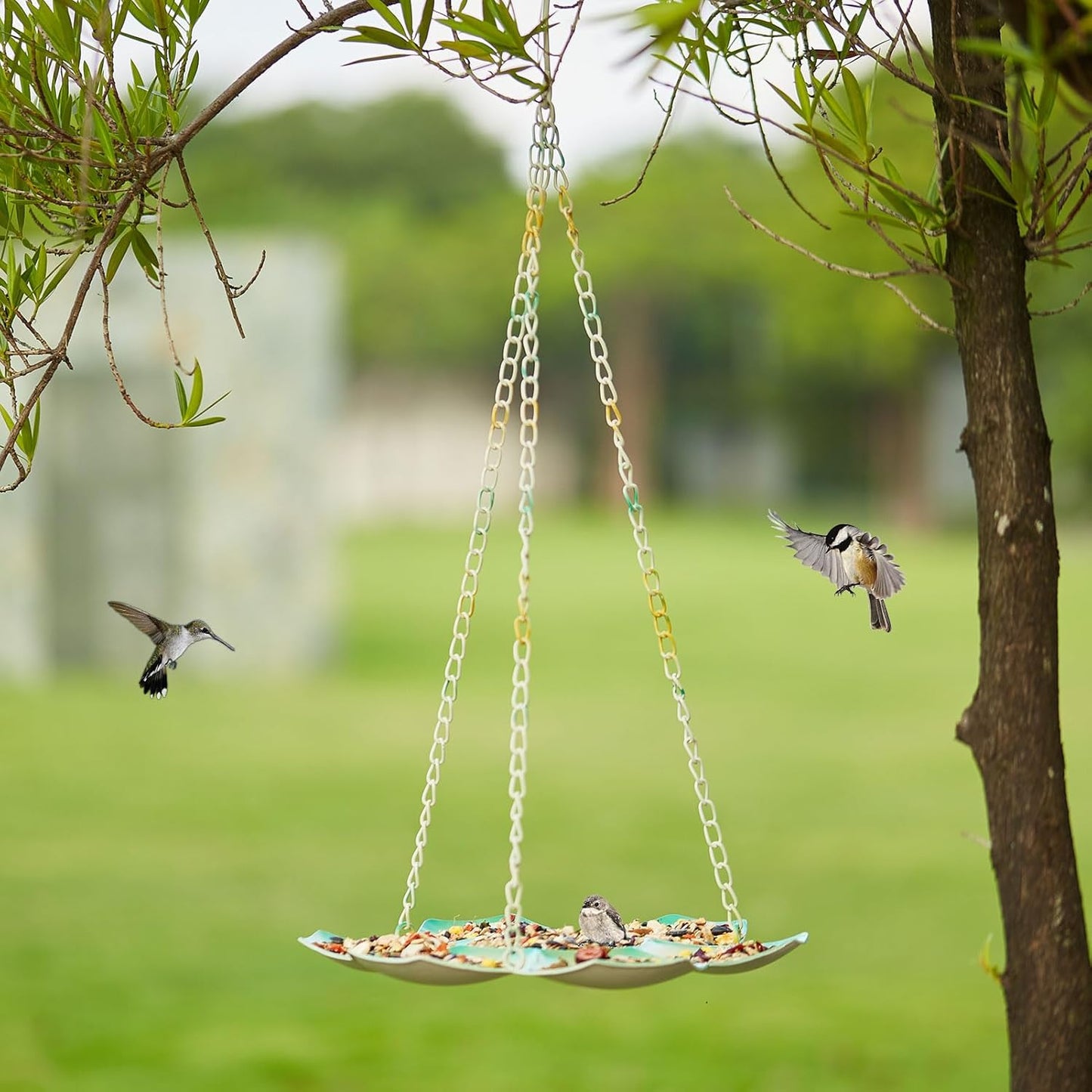 23" H Hanging Bird Feeder, Metal Bird Feeders for Outdoors Hanging, Flat Bird Feeder Seed Tray for Outside Garden Yard Decor