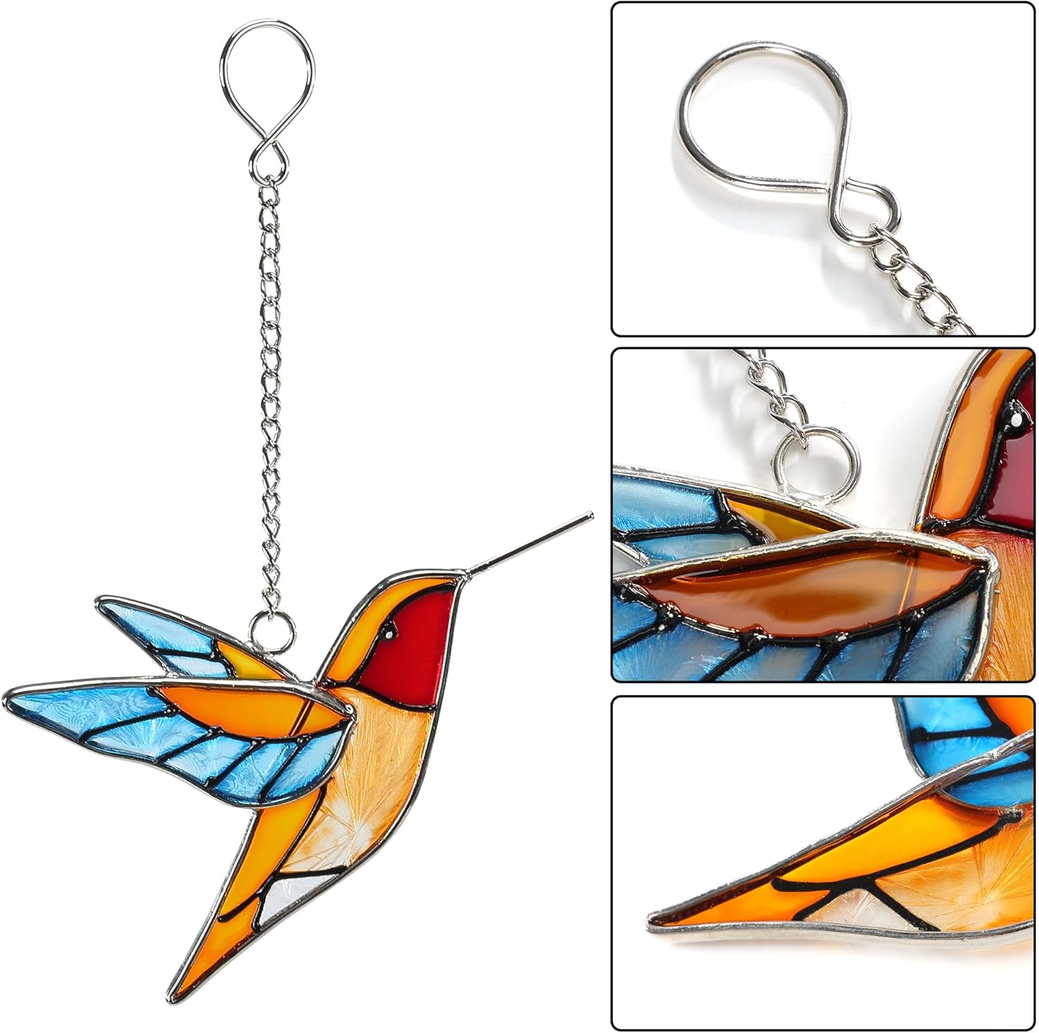 Handmade Stained Glass Hummingbird Hanging Ornament - Colorful 4.3x4.9