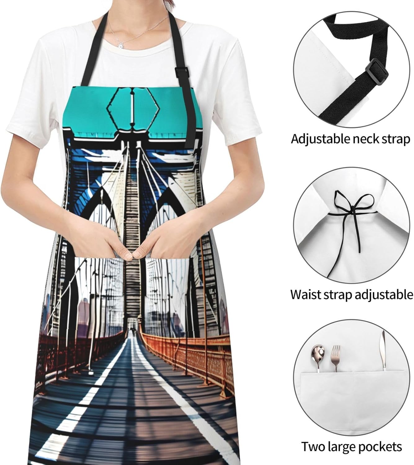 Brooklyn Bridge Print Laundry apron 28x33 In Waterproof Kitchen Apron with Pockets for Cooking Baking