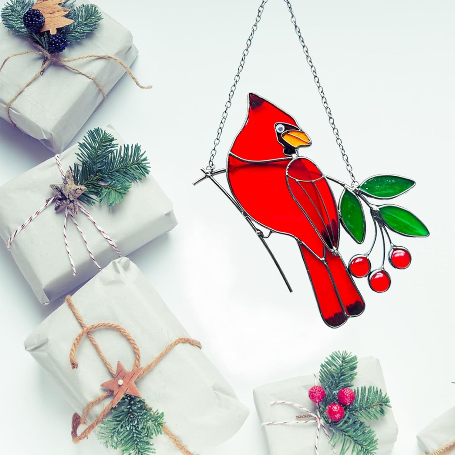 Red Birds Ornaments Stained Glass Suncatcher,Cardinal Stained Glass Wi