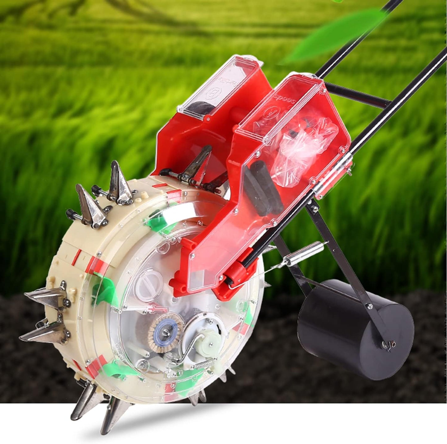 Double Mouth Seeder & Lawn Fertilizer Applicator, Multi-Function Push Garden Seeder for Hemp, Corn & Vegetable Seeds, 5 Mouths for Efficient Planting