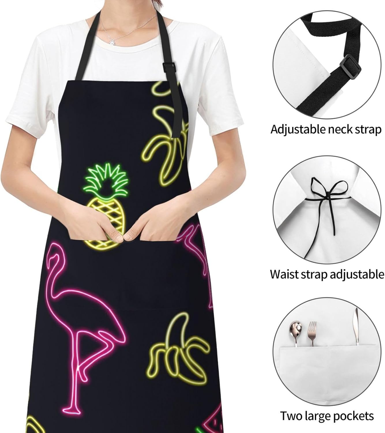 Pineapple Banana Flamingo Print 28x33 In Adult Kitchen Apron with Pockets Versatile Chef Smock for Cooking Baking