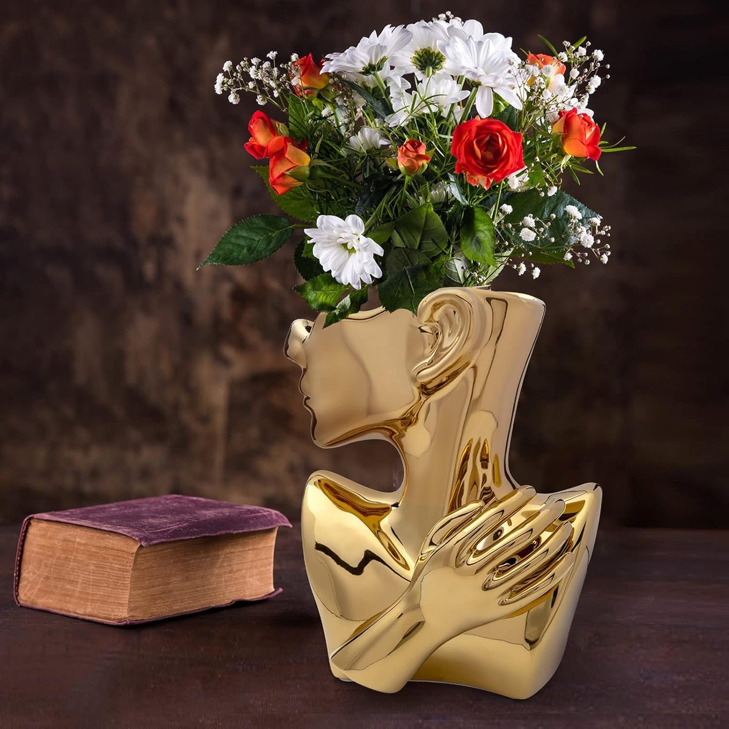 Notakia Succulent Planter Bust Vase Small Face Plante Head Face Vase Home Decoration Succulent Cactus Indoor Plant Pot (Gold)