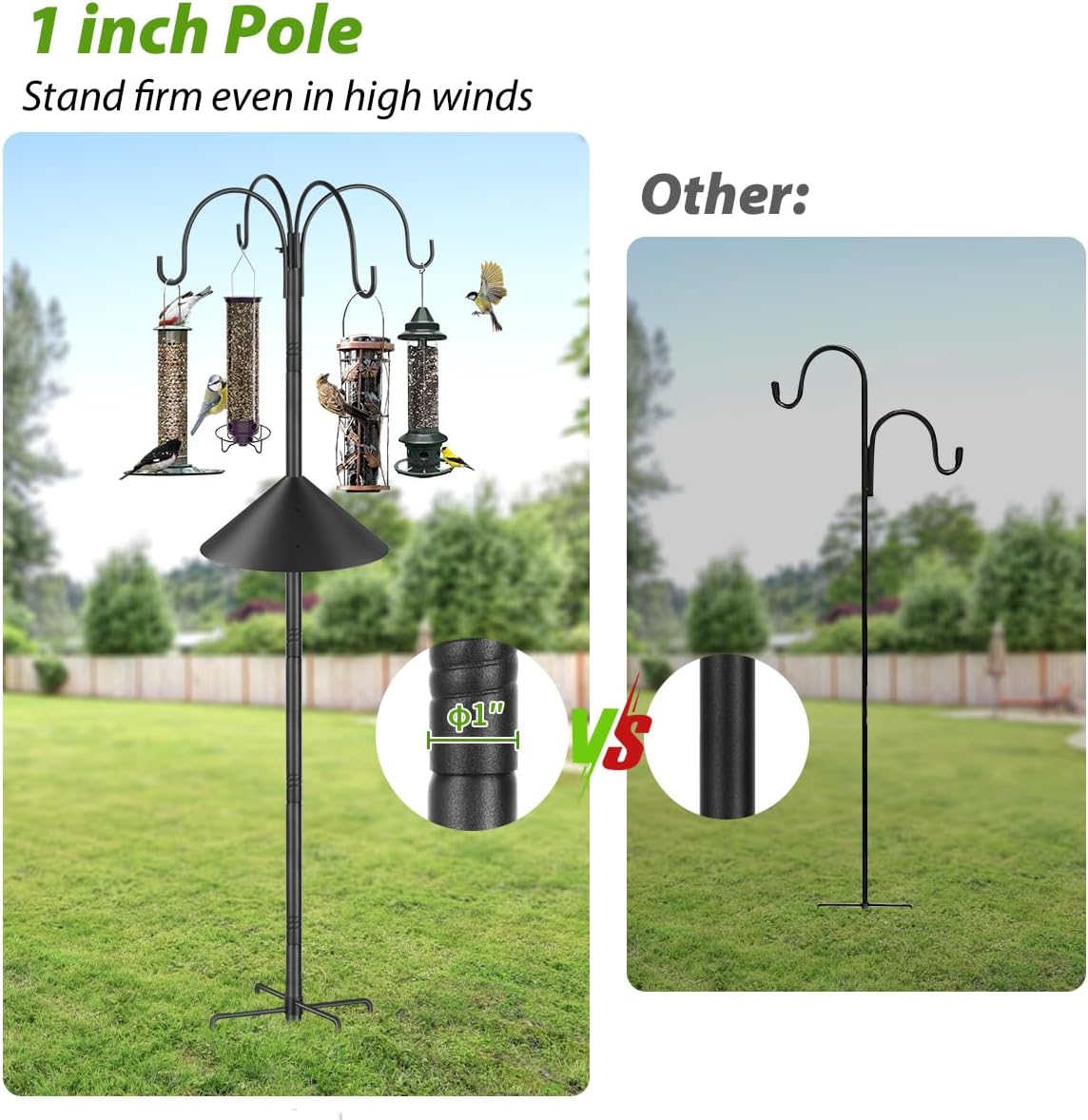 Bird Feeder Pole Stand Squirrel Proof for Outdoors Heavy Duty Shepherds Hook for Bird Feeder with Baffle, 88in Tall Double Garden Hooks for Hanging Plant Light, 1 Pack