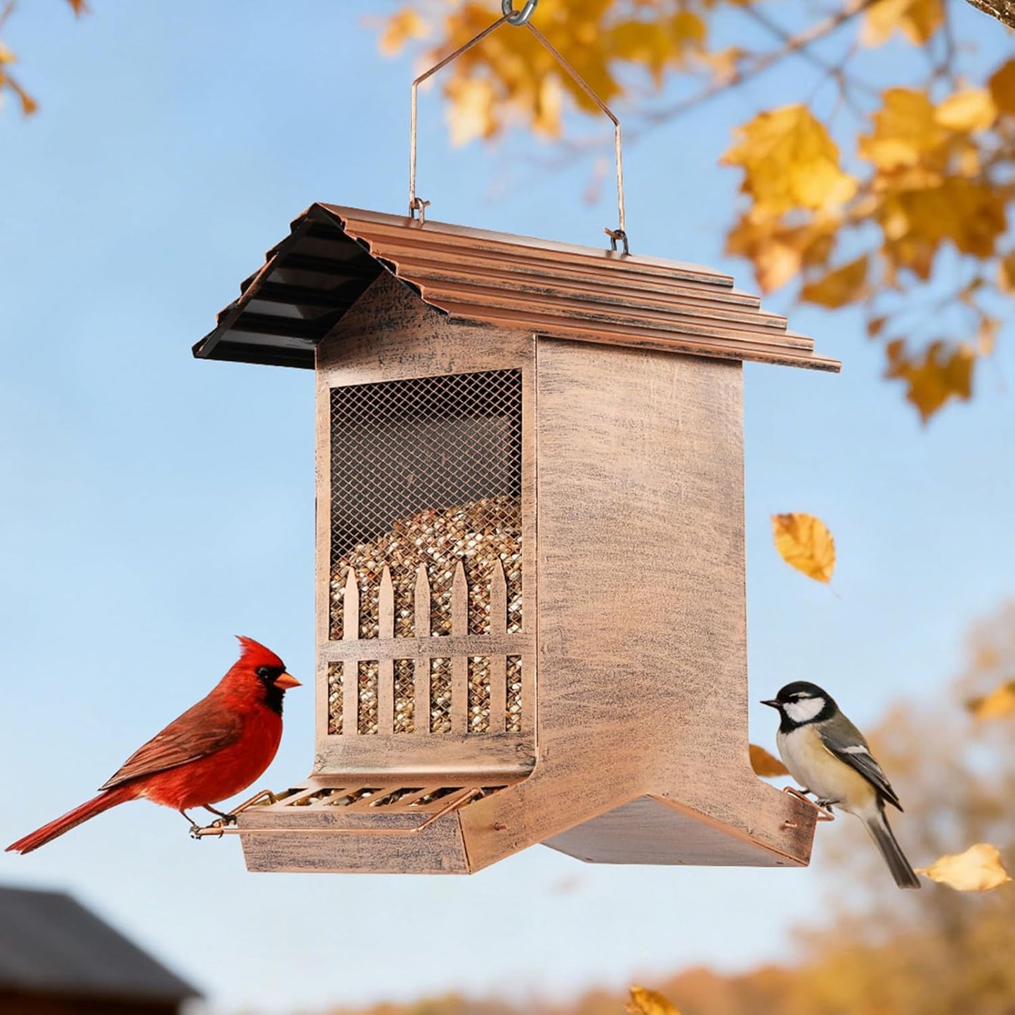 Large Bird Feeder, Extra Large 8 Lbs Capacity with 2-Side Feeding, Weatherproof Wasteproof Hanging Metal Bird Feeders for Outdoor, Easy to Clean & Refill