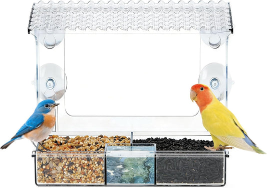 Window Bird Feeder for Outdoors with Strong Suction Cups, Easy to Clean and Refill Clear for Viewing with Large Capacity Detachable Water Tray for Garden, Yard, Elderly Viewing