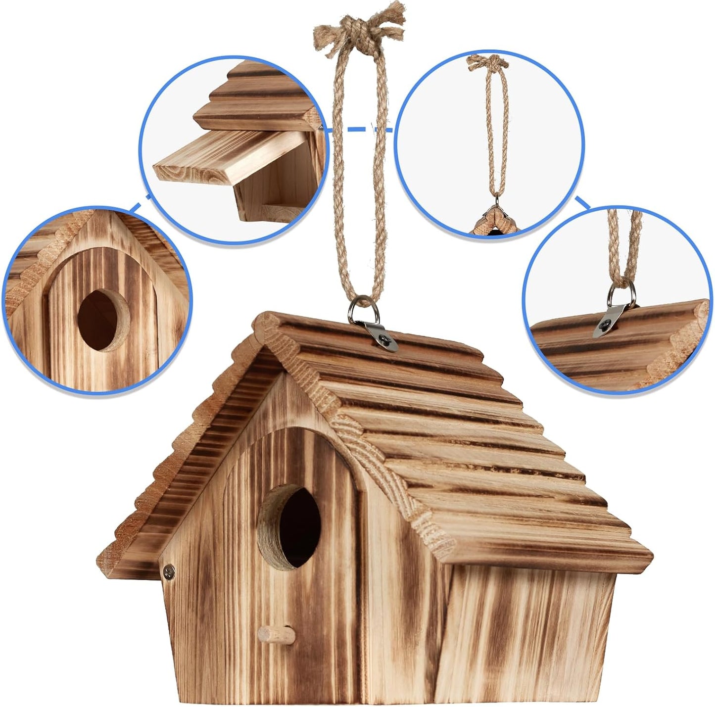 Bird House for Outside - Hanging Outdoor Birdhouse - Natural Wood Bird Nesting Box for Bluebirds, Hummingbirds, Finches, Wrens, Cardinals - Easy to Clean & Durable Garden Bird Shelter