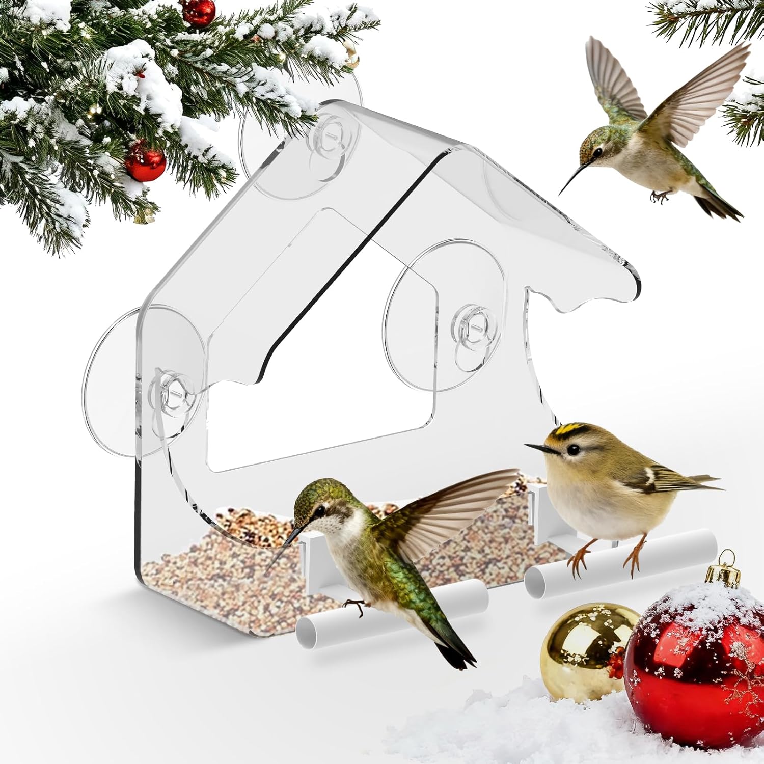 Clear Window Bird Feeder for Outside - Strongest Suction Cups 360° Vie