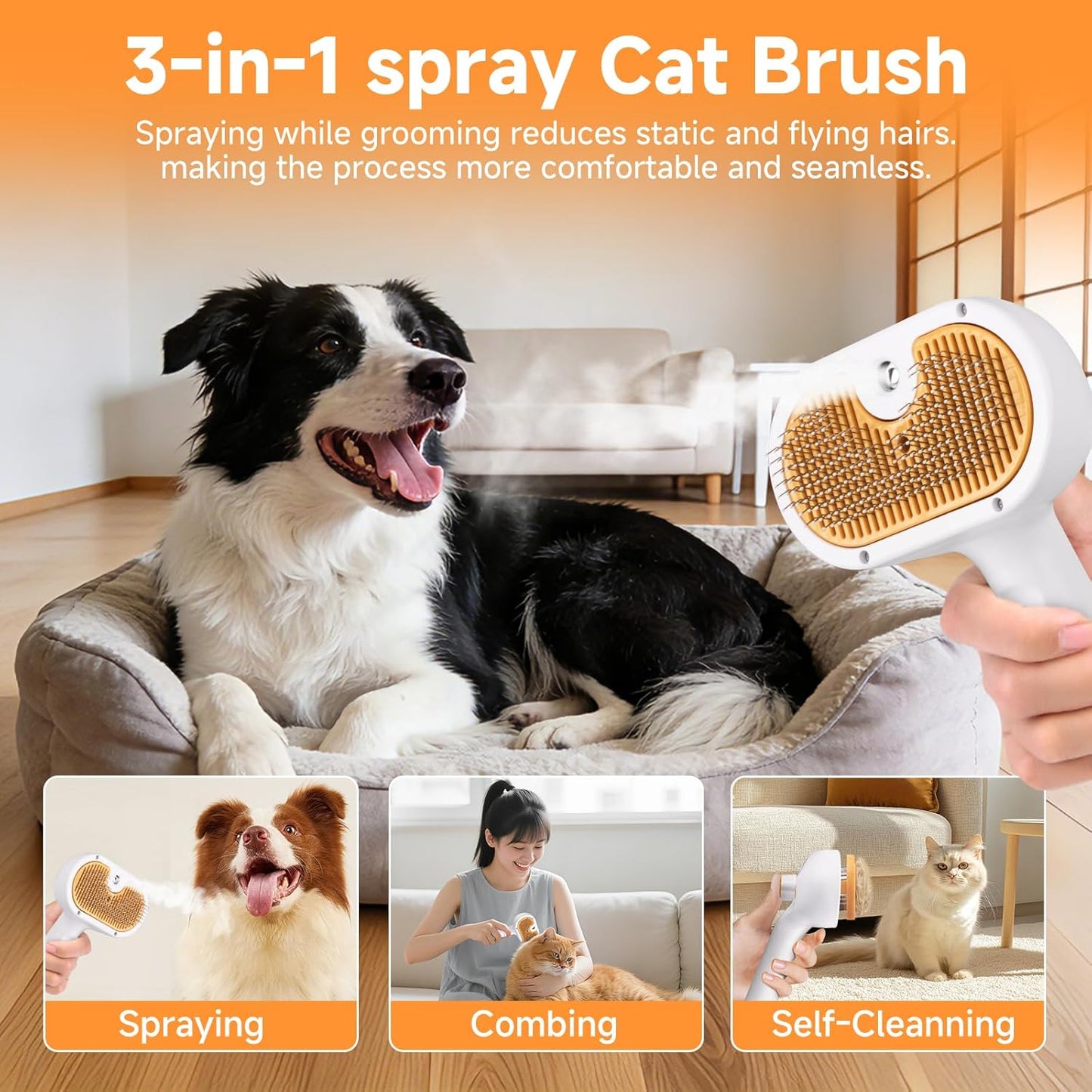 Pet Steam Brush for Dog & Cat – 3-in-1 Spray Hair Removal Comb for She