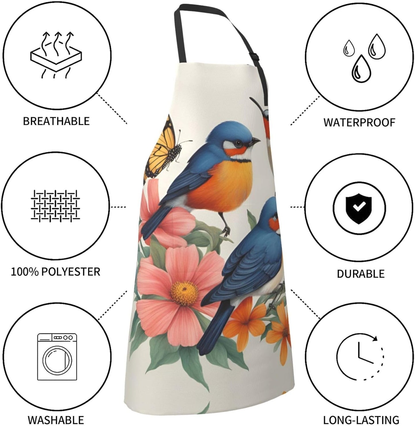 Birds Flowers Butterfly print Waterproof chef's apron with pocket apron for kitchen cooking baking barbecue and gardening