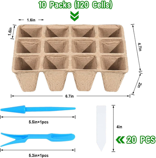 10 Packs Seedling Starter Trays, 120 Cells Biodegradable Seed Starter 