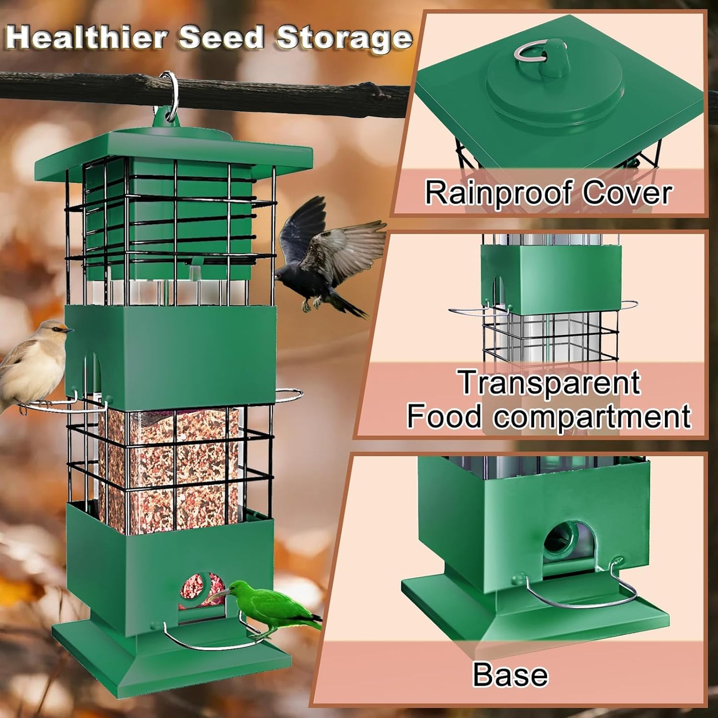 3 LBS Large Metal Squirrel Proof Bird Feeders for Outdoors Hanging, Birdfeeders Outside, Weight Activated Wild Bird Feeder with 4 Feeding Ports for Finch Cardinal Bluebird Backyard Garden