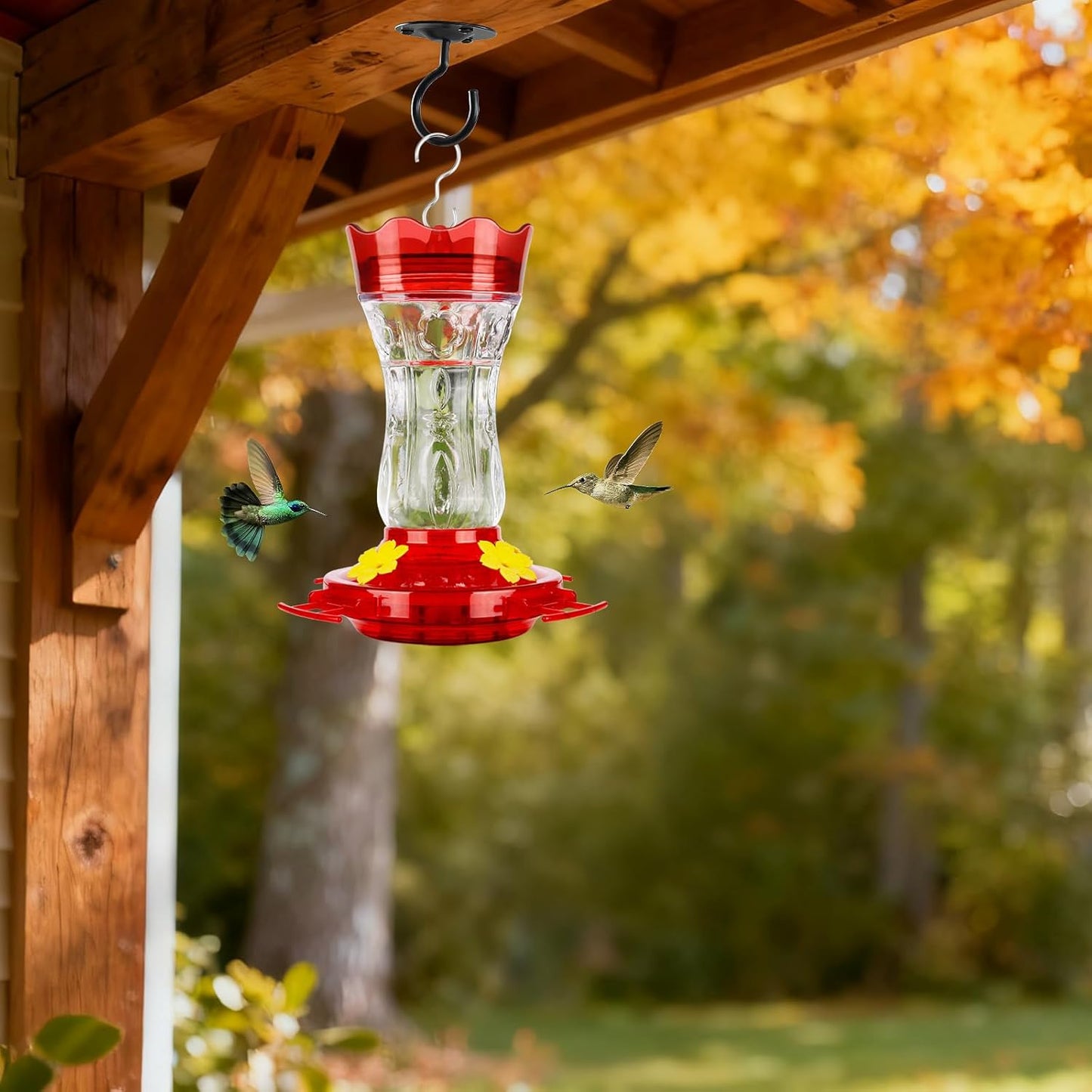 Glass Hummingbird Feeders for Outdoors, Built-in Ant Moat & Leakproof Design, XAROO Hummingbird Feeder with 4 Bee Guard Feeding Ports, 15OZ, Red, Gifts for Mom Wife Dad, Birthday Gift for Men Women