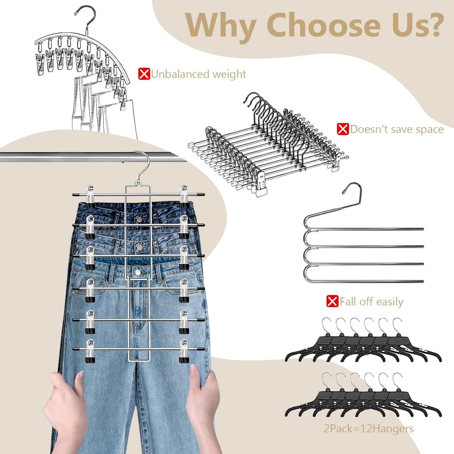 Pants Hangers with Clips,Space Saving Hanging Closet Organizer-6 Tiers