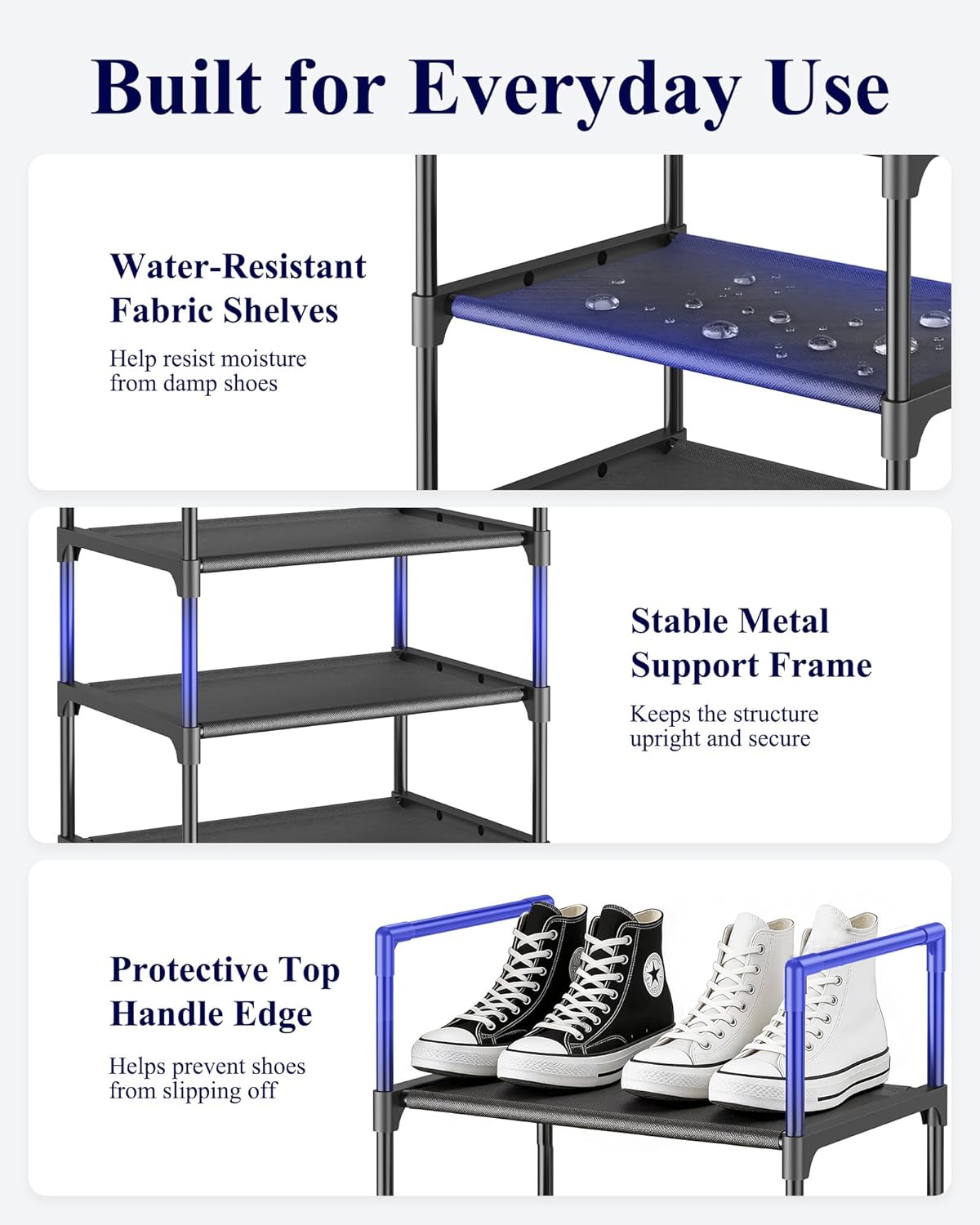 Kitsure Shoe Rack - 10-Tier Shoe Organizer with Detachable Fabric Shelves & Metal Frame, Tall Shoe Rack for Closet, Entrance, Living Room, 16.9" Wide - 10 Tier, Black