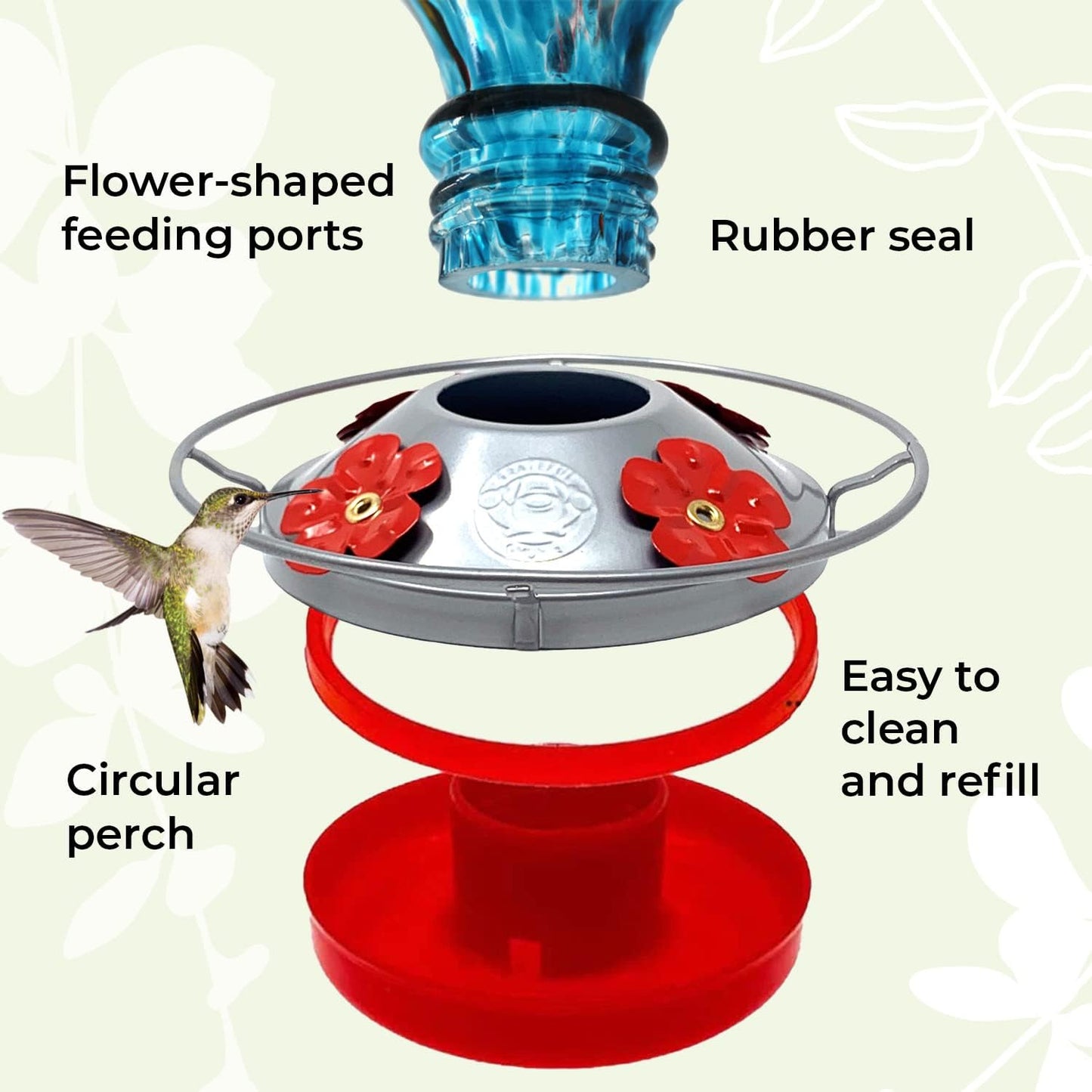 Hummingbird Feeder by Grateful Gnome - Large Hand Blown Stained Glass 