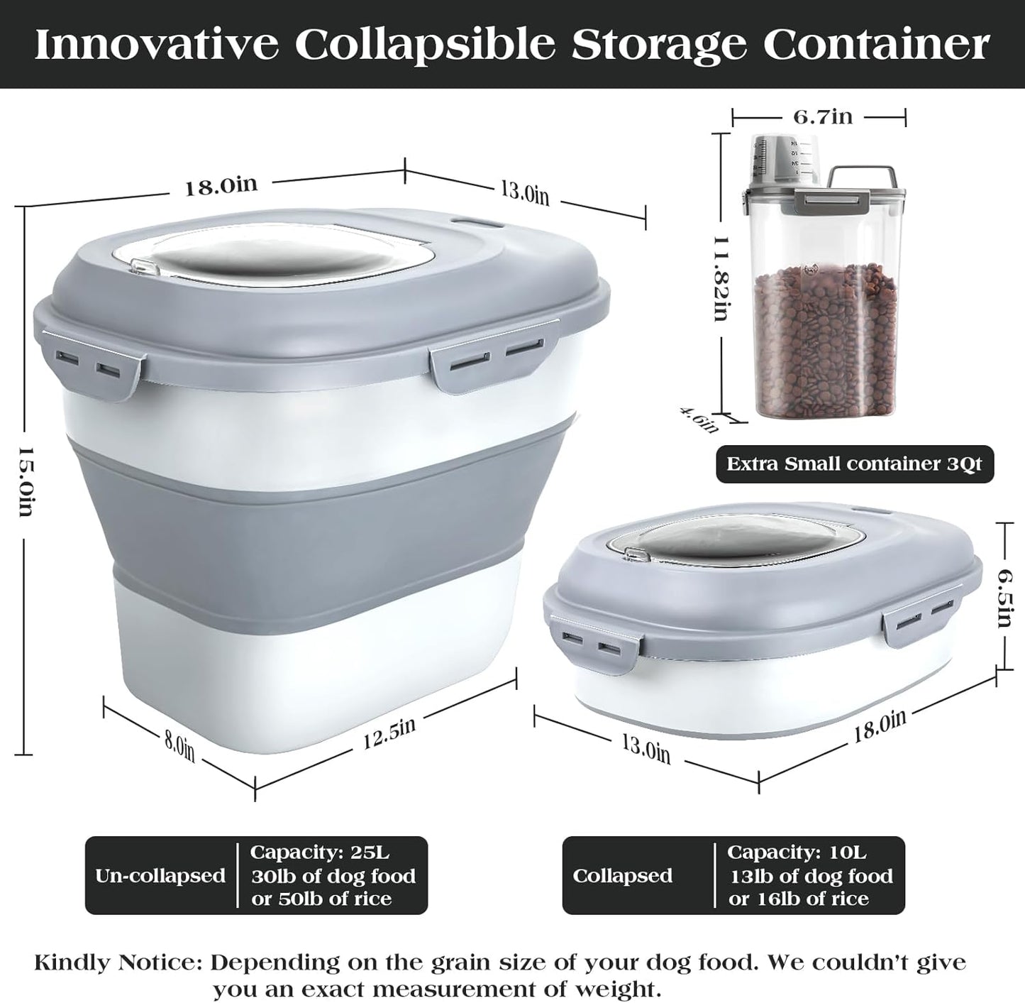 Dog Food Storage Container, Airtight Collapsible 13lb to 30lb Pet Food Container with Flip Top, Rolling Wheel, Scoop and 3L small container for Dog Cat Food and Dry Food of Rice, Flour