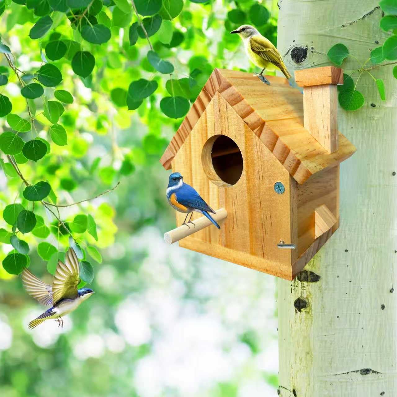 Bird Houses for Outside Clearance, Bird House Natural Wood Birdhouse with Pole, Hanging Blue Bird Houses for Outdoors Garden Country, Finch Cardinals Swallow Wren Bluebird House