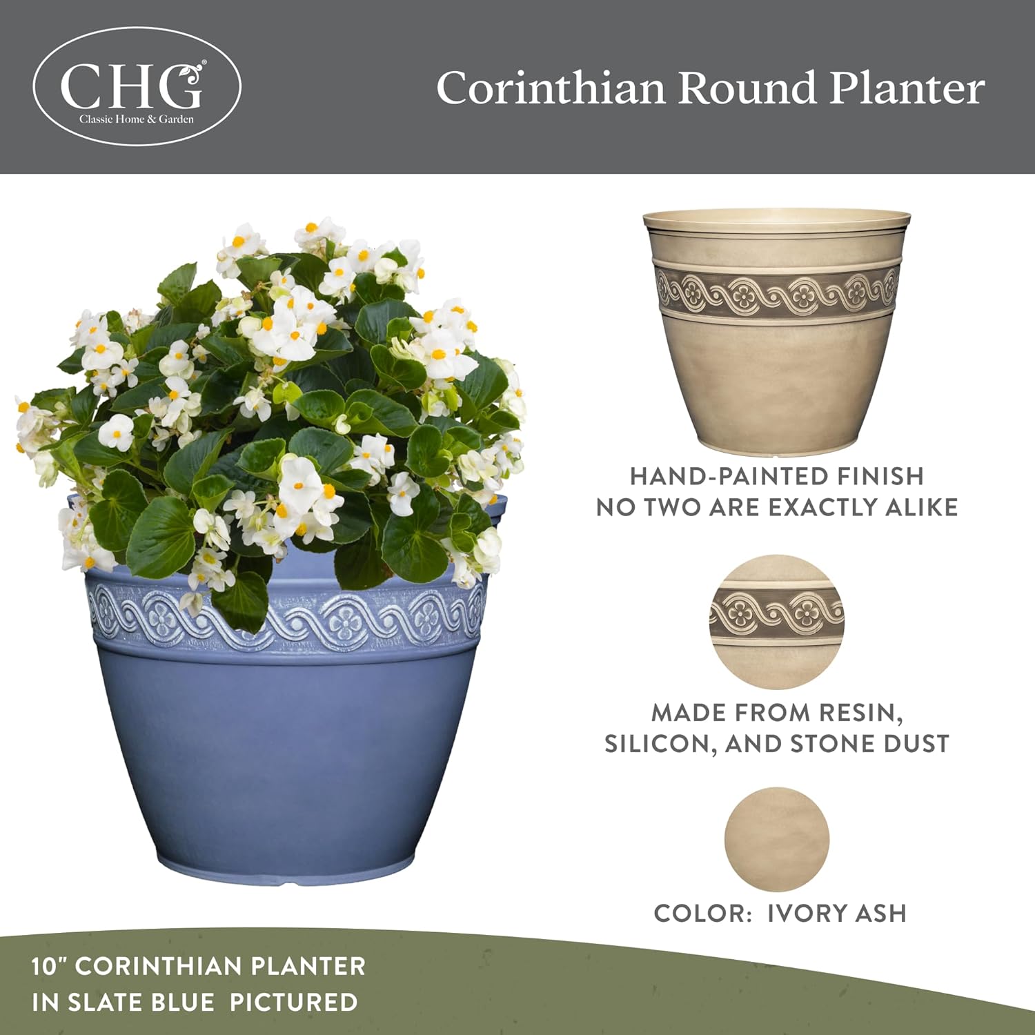 Classic Home and Garden Corinthian Resin Planter Pot - Outdoor & Indoo