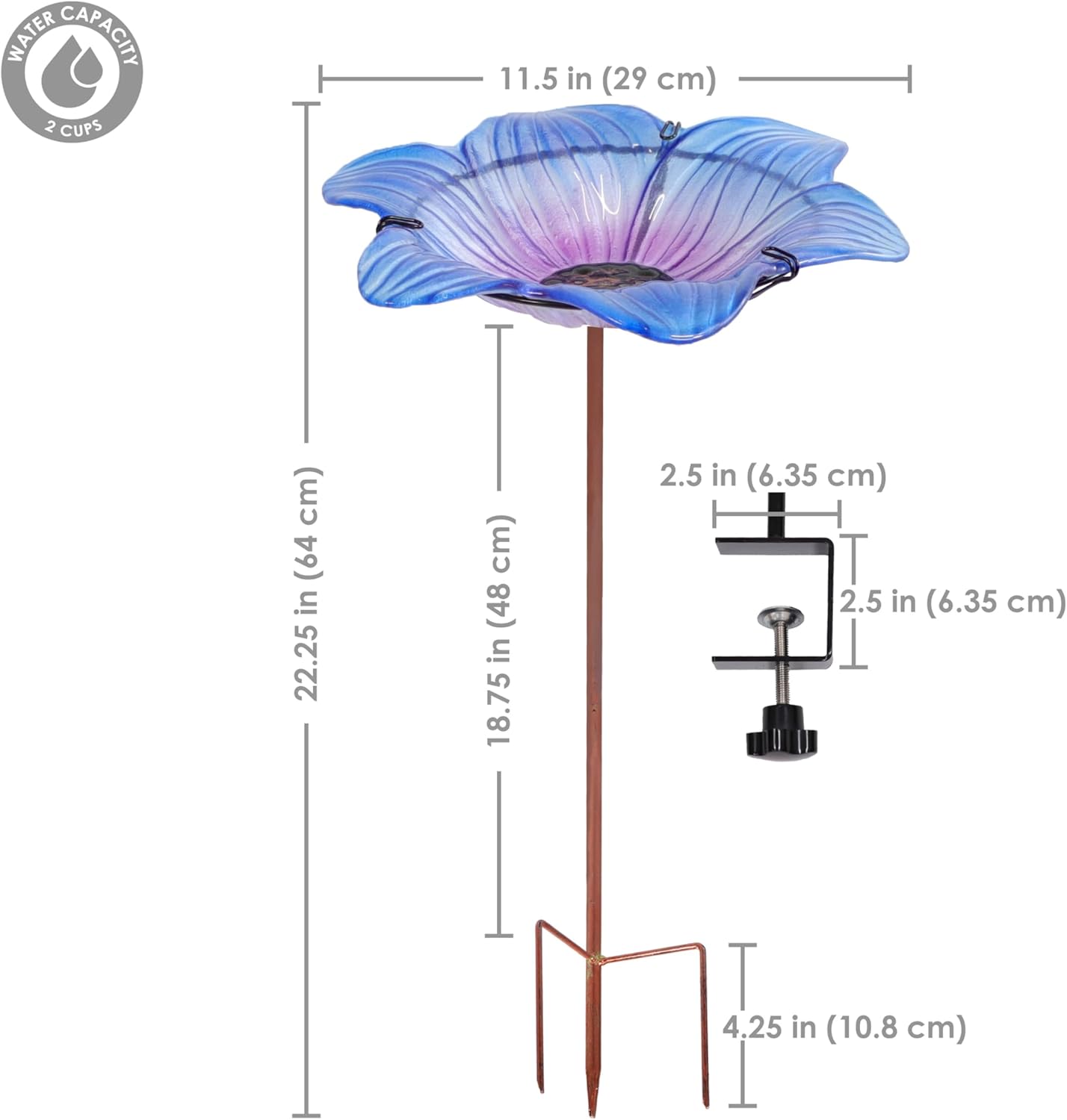 Sunnydaze Glass Bird Bath Bowl - 11.5" Diameter - Includes Deck Clamp 