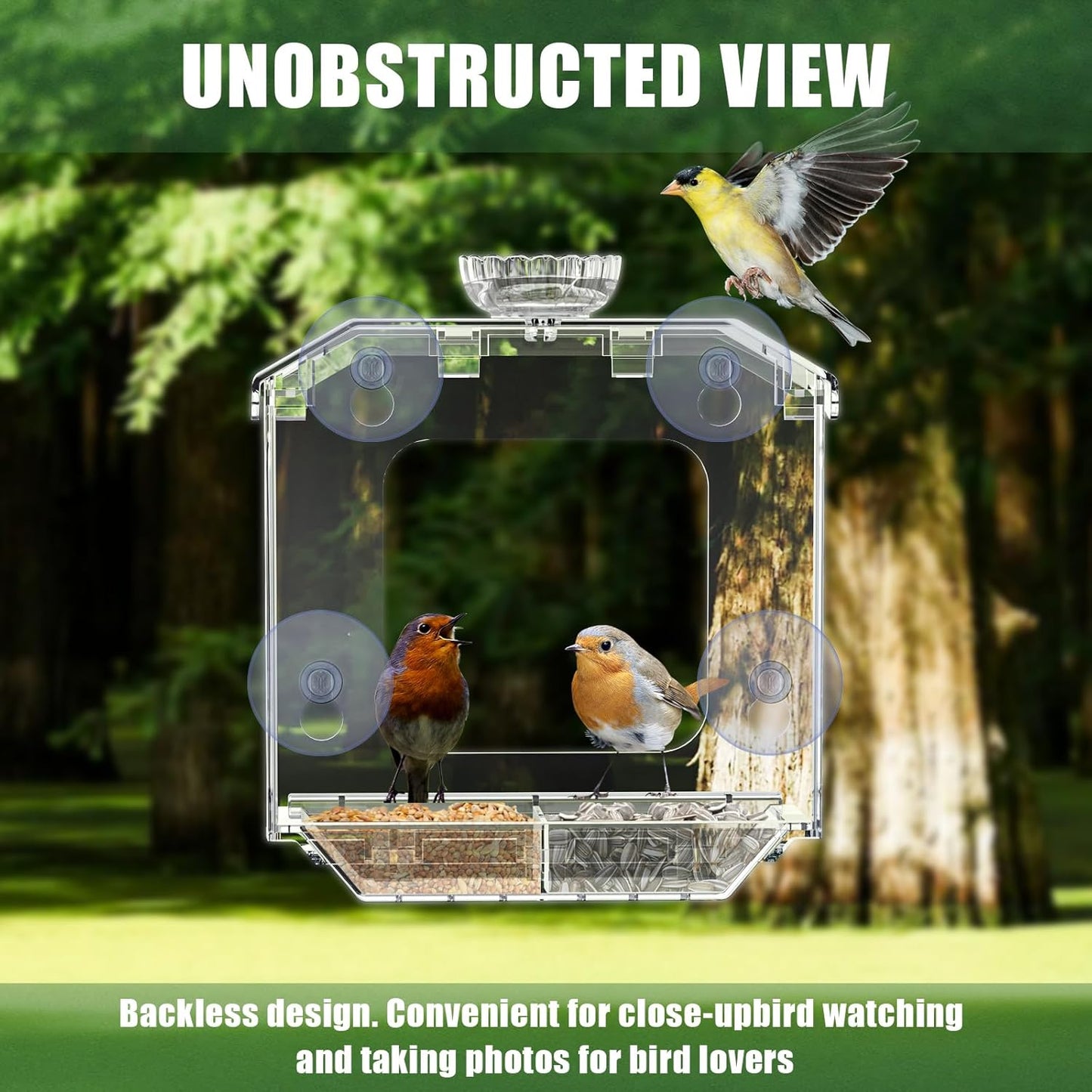 Clear Window Bird Feeder with Strong Suction Cups – Clear Bird Feeding Station with Dual Seed Tray & Water Bowl – Easy to Install and Clean for Outdoor Viewing