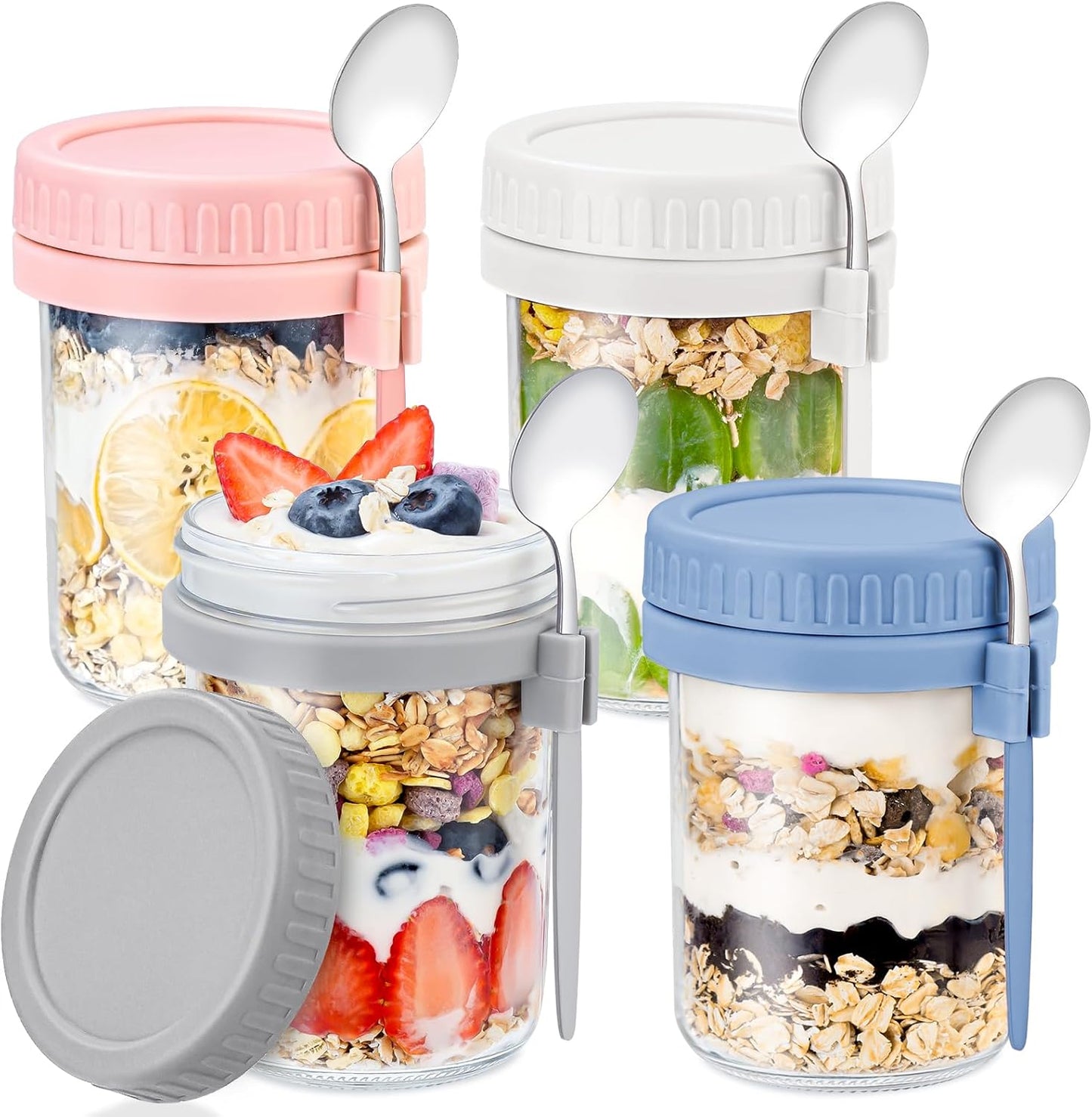 4 Pack Overnight Oats Containers with Lids and Spoons - DRKIO 16 Oz Gl