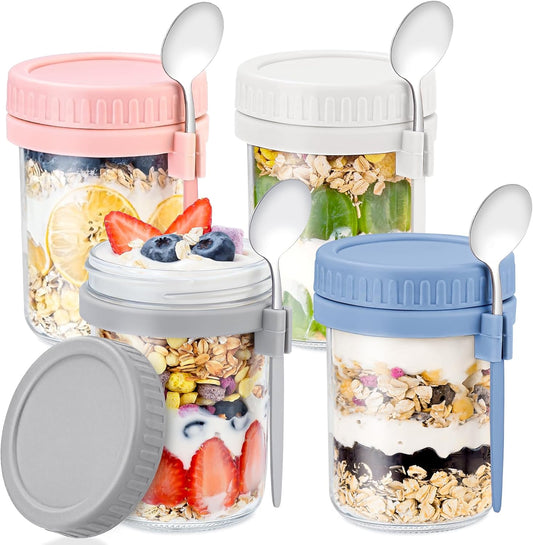 4 Pack Overnight Oats Containers with Lids and Spoons - DRKIO 16 Oz Gl