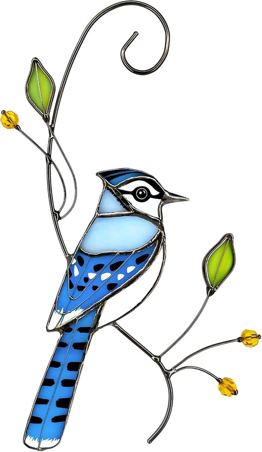 Blue Jay Stained Glass Bird Suncatcher for Mom, Grandma, Women - Real Glass Window Hanging Ornament - Handmade Bird Lover Home Decor (Gifts Ready Packaging)