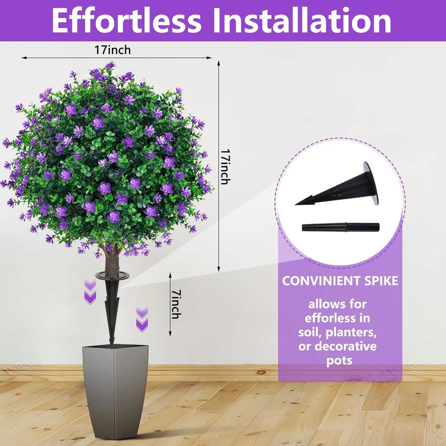 Artificial Purple Flower Topiary Ball Trees with Ground Spike, Set of 2 UV Resistant Artificial Shrubs, Fake Evergreen Artificial Plant Bushes for Indoor Outdoor Front Porch Garden
