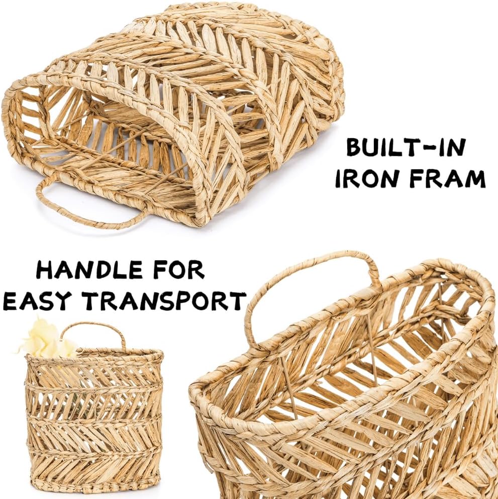 YOUEON Large Woven Hanging Storage Basket, 12x5x14 Inch Natural Water Hyacinth Wall Basket with Sturdy Iron Frame, Handwoven Front Door Flower Baskets for Home Garden, Boho Decor
