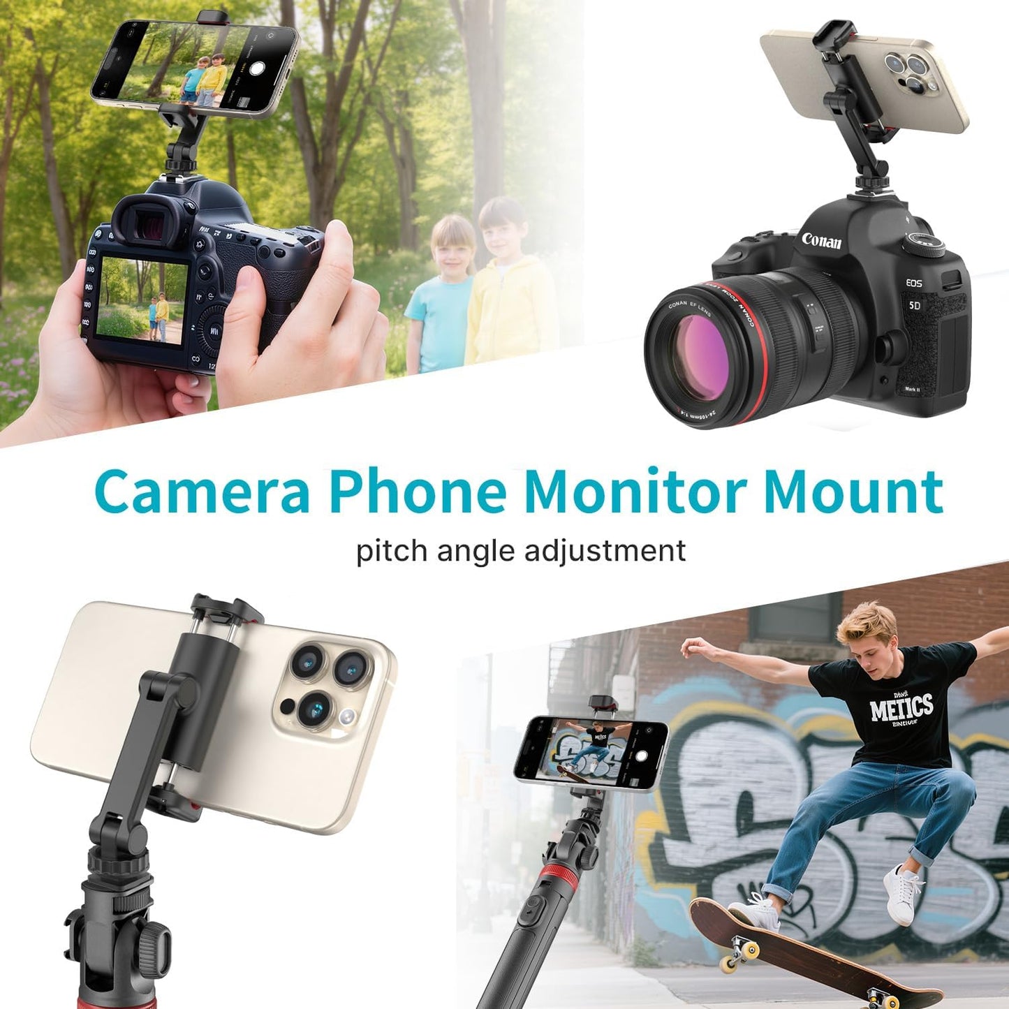 Phone Tripod Mount Holder for iPhone - 2 Cold Shoe and 1/4" Screw, 360