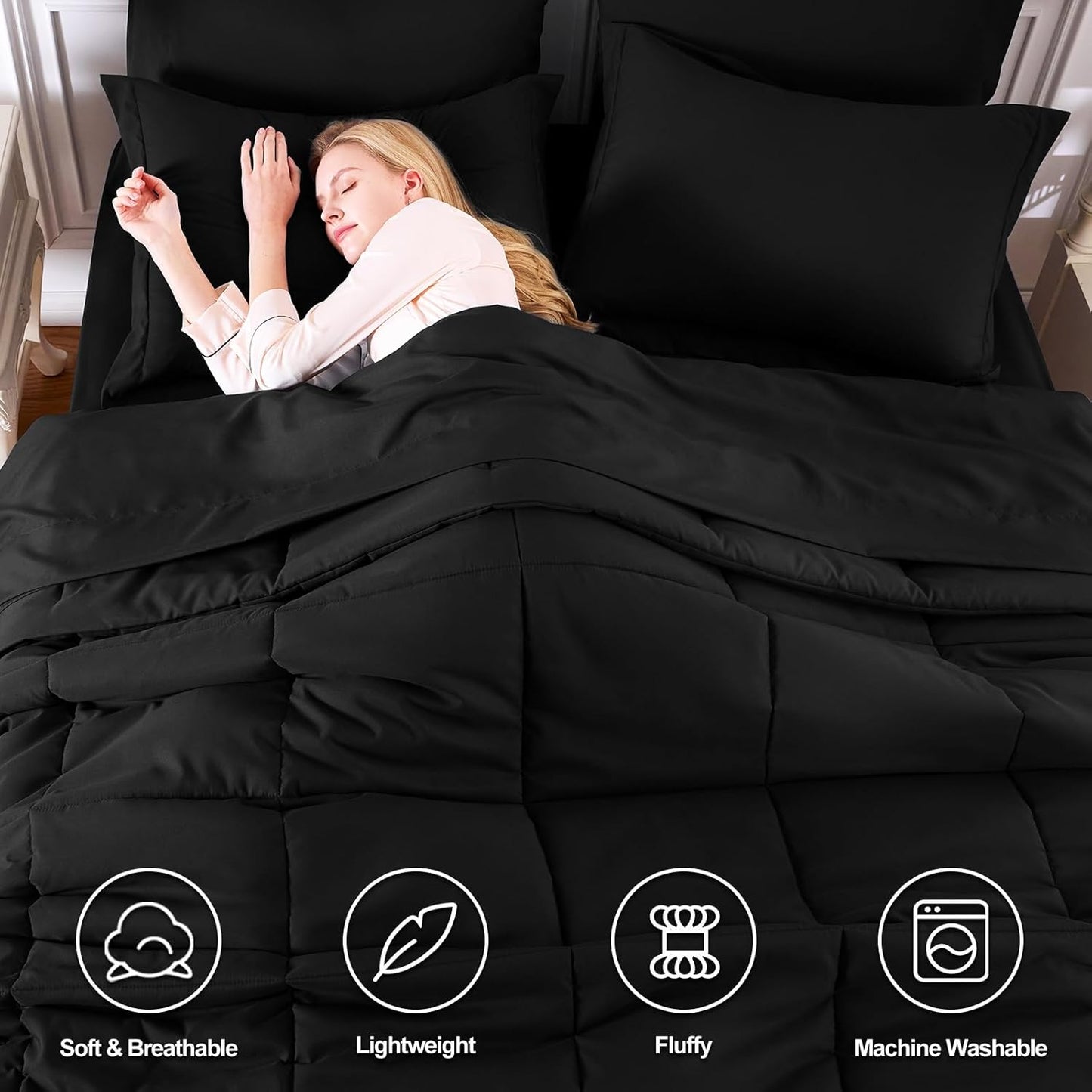 CozyLux Queen Comforter Set Black - 7 Pieces Bed in a Bag Queen, All Season Soft Bedding Set, Oeko-Tex Certified Bed Set with Down Alternative Comforter, Sheets, Pillowcases & Pillow Shams
